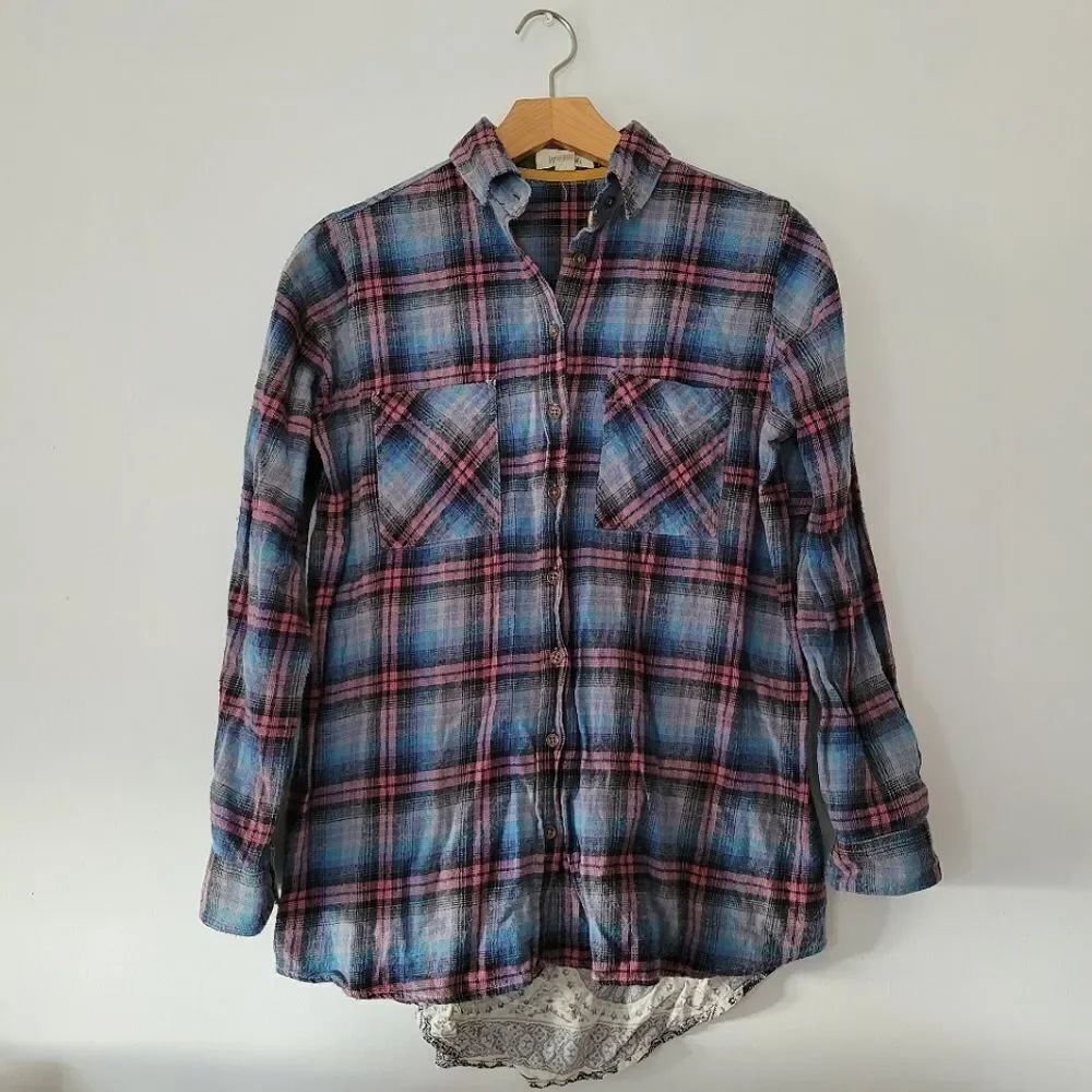 Plaid Button-Up Shirt in Blue and Pink